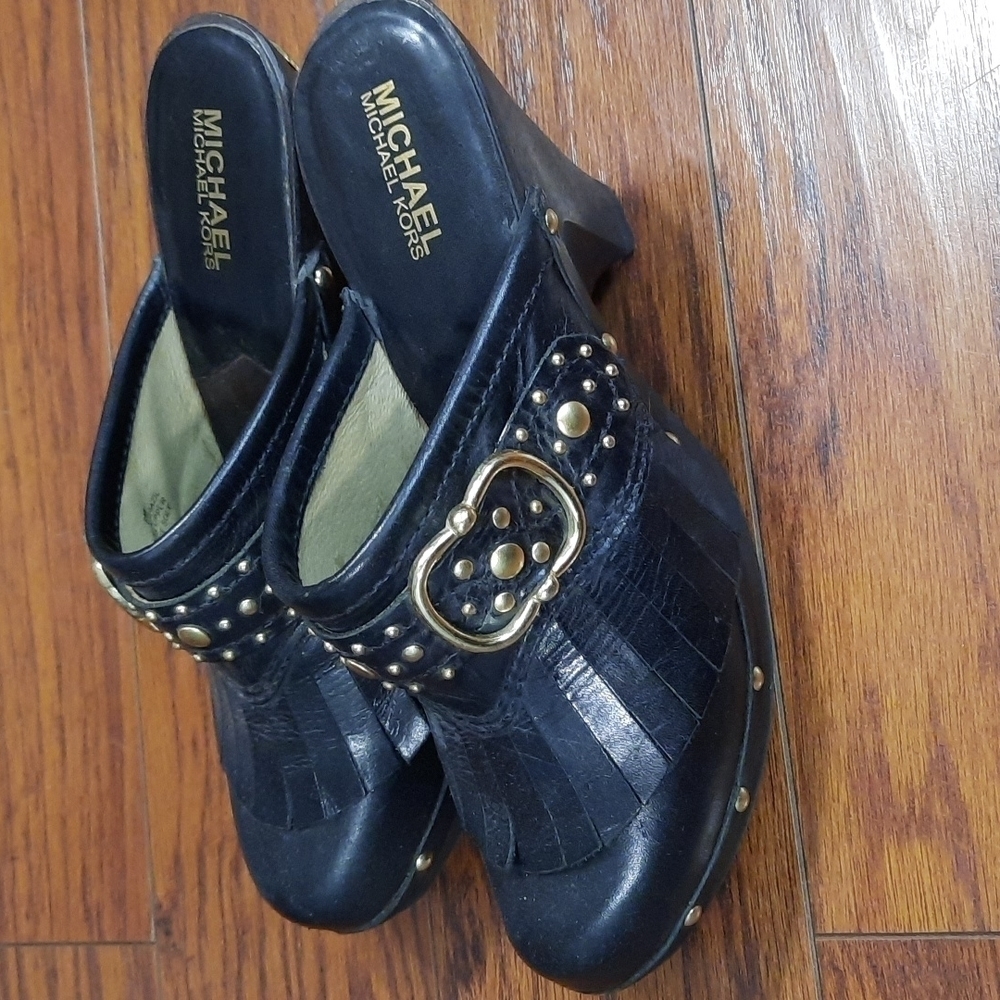Michael Kors Black Gold Studded Fringe Heeled Mules - Picture 2 of 7